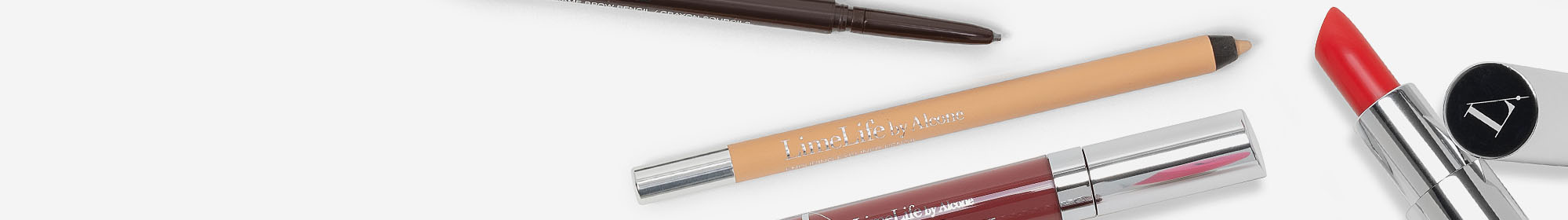 LimeLife makeup products on a gray background