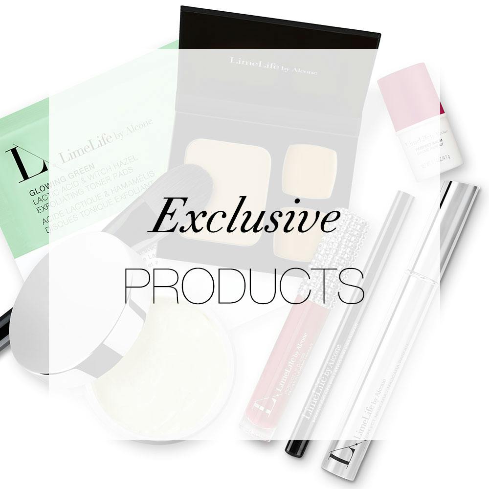 Exclusive Products text with products in the background