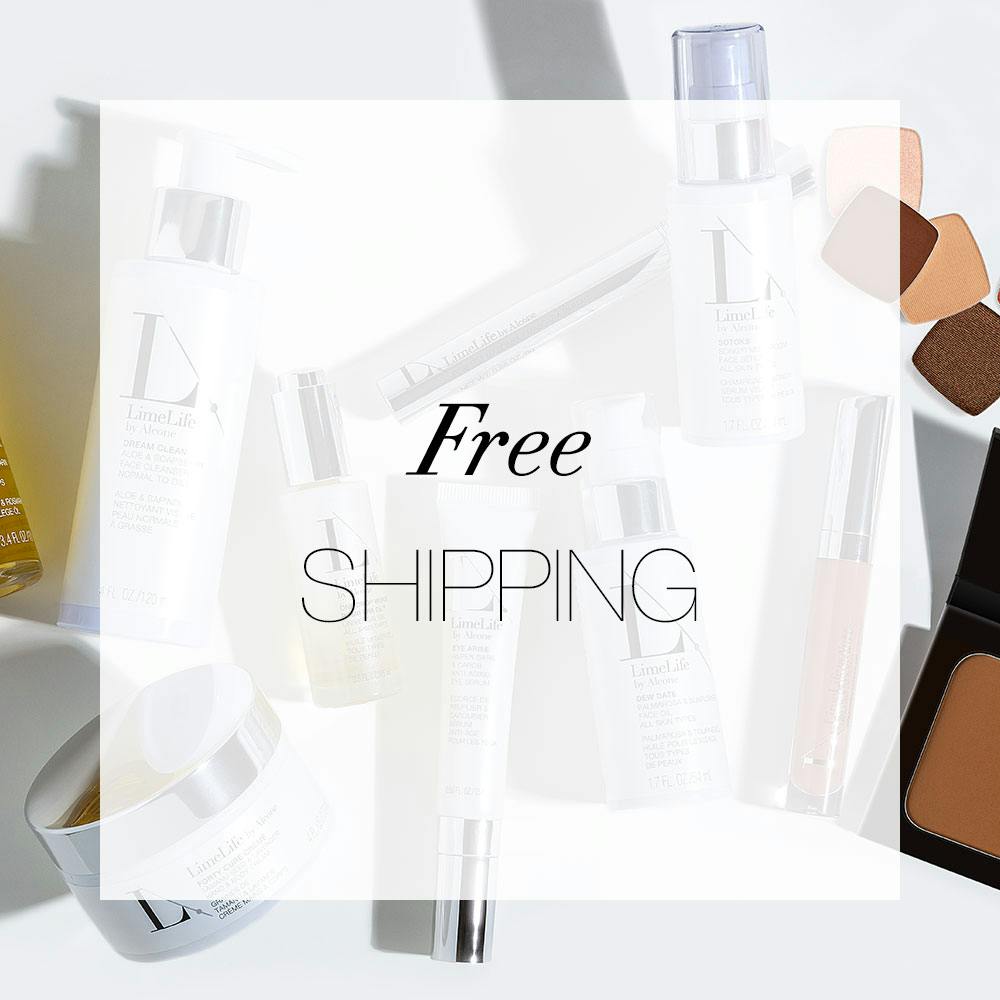 Free Shipping text with products in the background