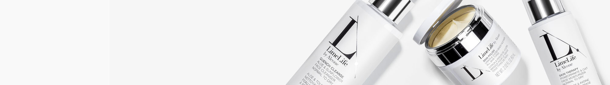 LimeLife skincare products on a gray background