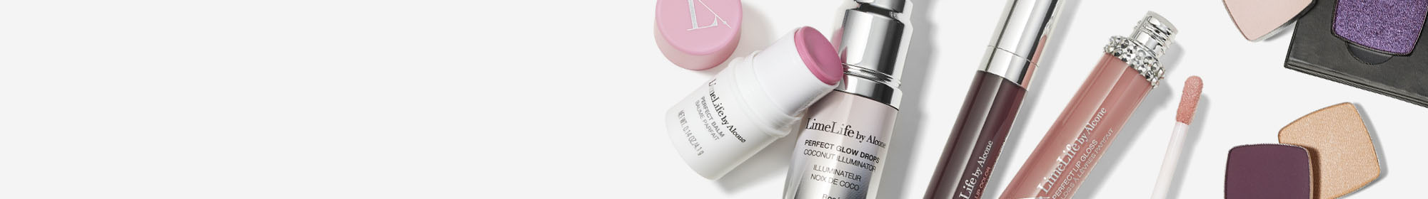 LimeLife makeup products on a gray background